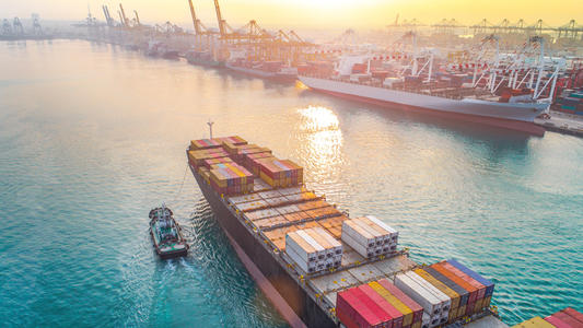 Container ship near the port